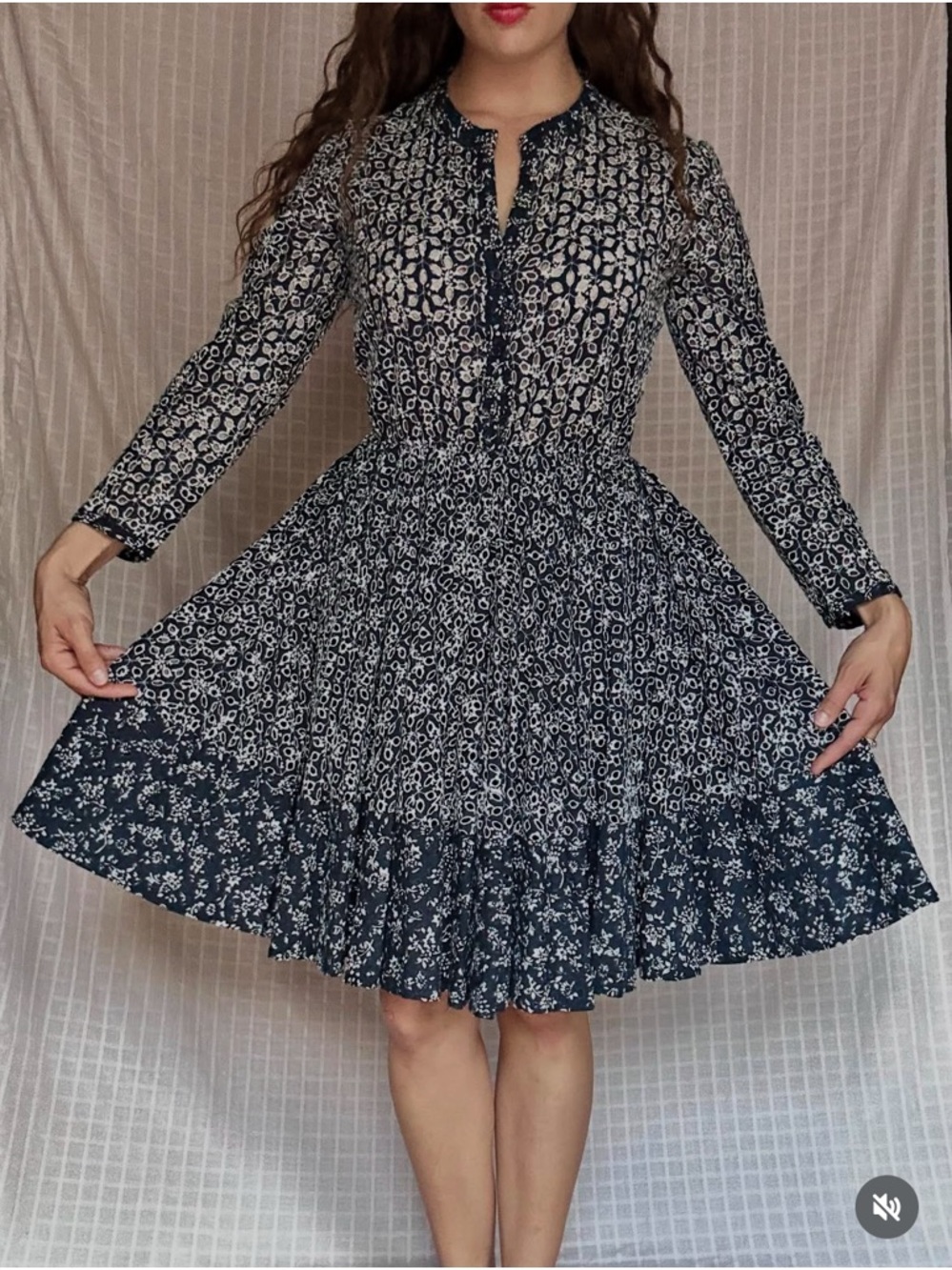 Maje Navy and White Floral Long-Sleeve Lacy Fit & Flare Dress